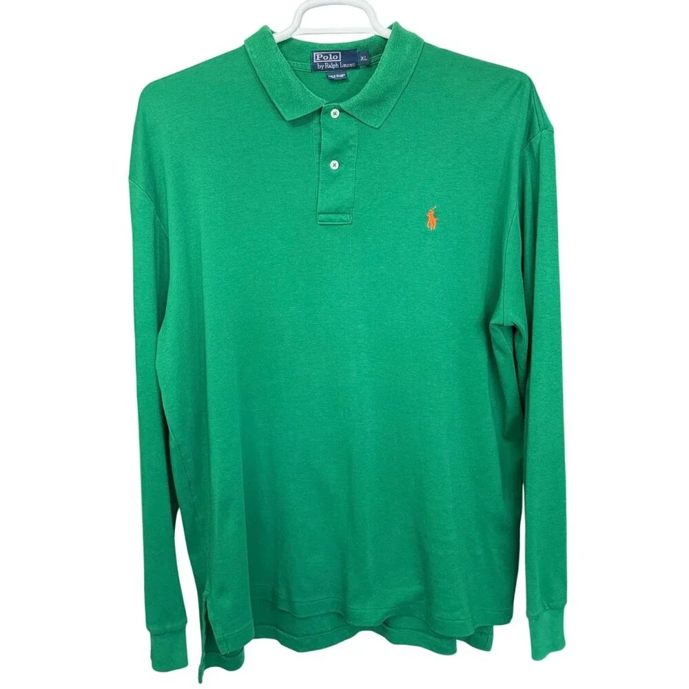 Polo Ralph Lauren Mens XL Long Sleeve Polo Shirt Green Embroidered Logo Cotton